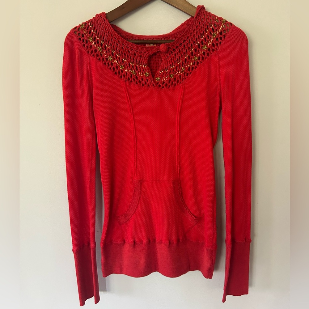 Free People Vintage Crocheted Hooded Thermal, Rare, Red, EC, Size Small